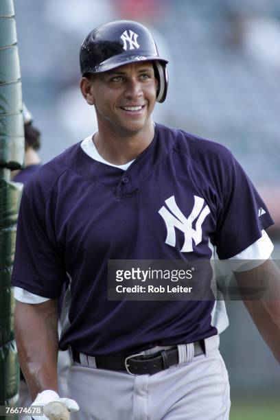 Alex Rodriguez of the New York Yankees during batting practice before the game against the Los Angeles Angeles of Anaheim at Angel Stadium in...