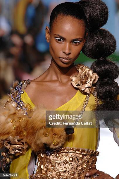 Model walks the runway at the Heatherette 2008 Fashion Show at Gotham Hall during the Mercedes-Benz Fashion Week Spring 2008 on September 11, 2007 in...