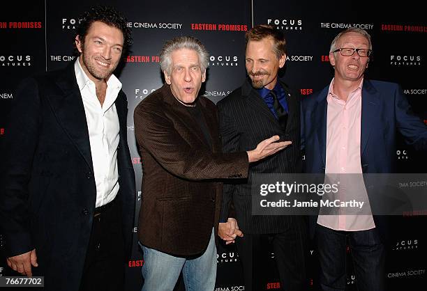 Actor Vincent Cassel, Director David Cronenberg, actor Viggo Mortensen and Producer Paul Webster arrive to The Cinema Society's screening of "Eastern...