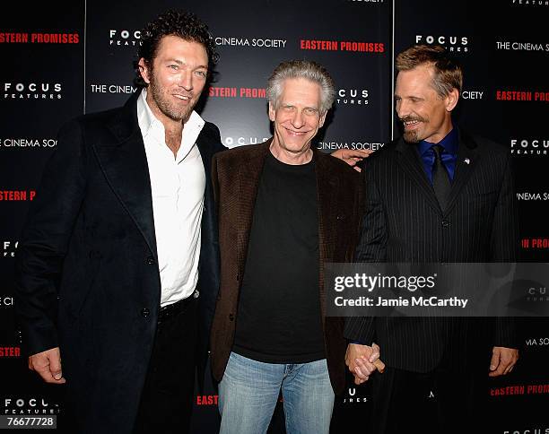 Actor Vincent Cassel, Director David Cronenberg, and actor Viggo Mortensen arrive to The Cinema Society's screening of "Eastern Promises" at The...