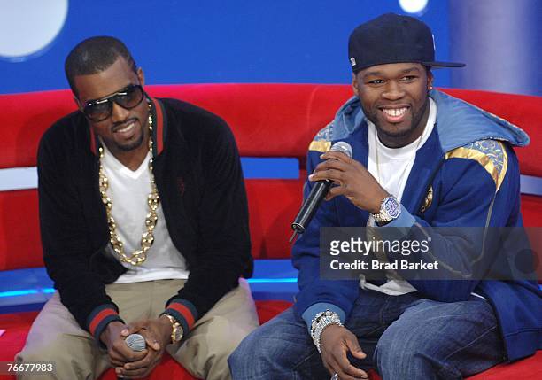 Recording artists Kanye West and 50 Cent appear on BET's 106 & Park at BET Studios September 11, 2007 in New York City.