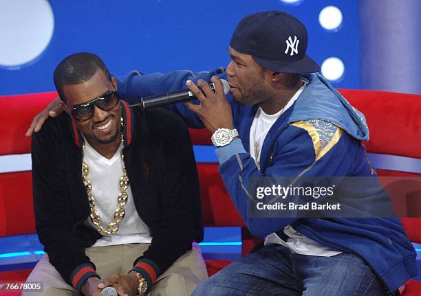 Recording artists Kanye West and 50 Cent appear on BET's 106 & Park at BET Studios September 11, 2007 in New York City.