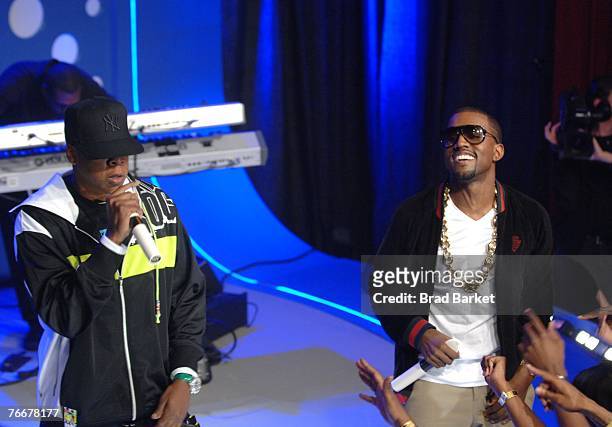 Recording artist Jay-Z and Kanye West appear on BET's 106 & Park at BET Studios September 11, 2007 in New York City.