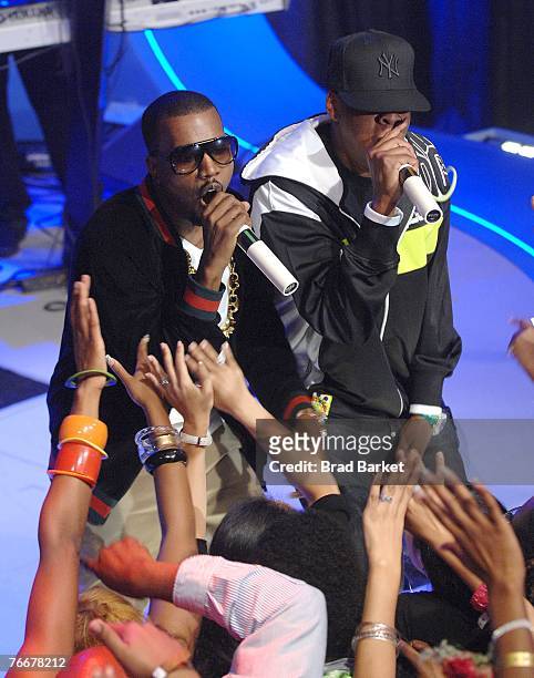 Recording artists Kanye West and Jay-Z appear on BET's 106 & Park at BET Studios September 11, 2007 in New York City.