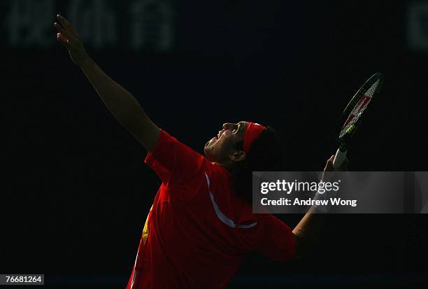 Marcos Baghdatis of Cyprus serves against Boris Pashanski of Serbia during their match on day three of the China Tennis Open on September 12, 2007 in...