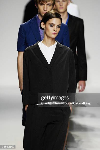 Models walk up the runway during the Narciso Rodriguez 2008 Fashion Show during the Mercedes-Benz Fashion Week Spring 2008 on September 9, 2007 in...