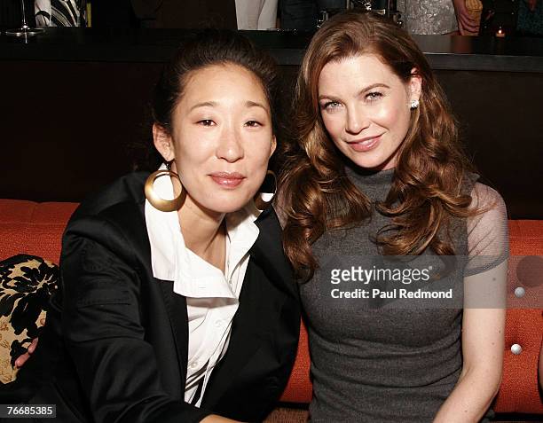Actors Sandra Oh and Ellen Pompeo attend Los Angeles Confidential Pre-Emmy Party Hosted By Ellen Pompeo at One Sunset on September 11, 2007 in West...