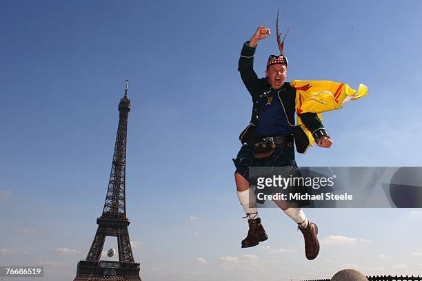 Scotland fan David Harrison from Loch Lomond enjoys Paris before the Euro 2008 Group B qualifying match between France and Scotland at the Parc de...