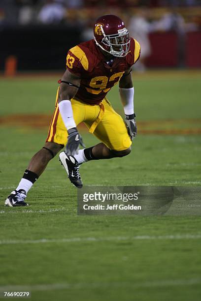 Everson Griffen of the USC Trojans eyes the play against the University of Idaho Vandals on September 1, 2007 at the Los Angeles Memorial Coliseum in...