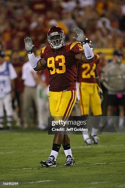 Everson Griffen of the USC Trojans looks on against the University of Idaho Vandals on September 1, 2007 at the Los Angeles Memorial Coliseum in Los...