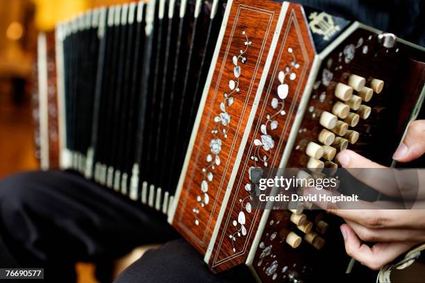 Musician Alvin Cheng plays his accordion, or bandoneon, May 25, 2007 at the Fortress Cafe in Taipei, Taiwan. The bandoneon is used for playing tango...