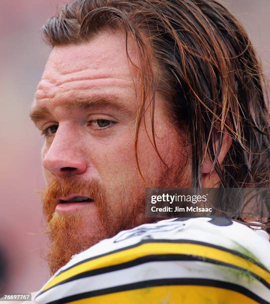 Alan Faneca of the Pittsburgh Steelers looks on against the Cleveland Browns during their season opening game at Cleveland Browns Stadium September...