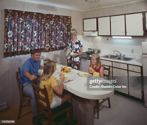 Two girls and a man sit at a curved table in the kitchenette of a room at the Hillcrest Motel, while a woman stands nearby and holds a mug and a...