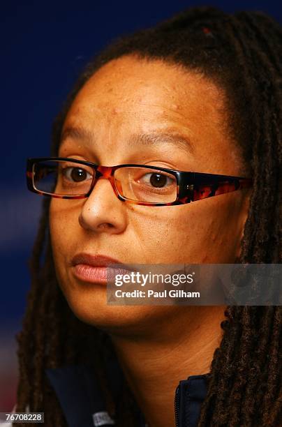 Manager Hope Powell of England talks to the media during an England press conference during the FIFA 2007 World Cup in China at the Hua Ting Team...