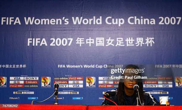 Manager Hope Powell of England talks to the media during an England press conference during the FIFA 2007 World Cup in China at the Hua Ting Team...