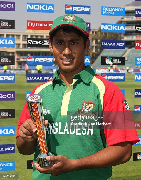 Mohammad Ashraful of Bangladesh with the man of the match award after his teams win against West Indies at The Wanderers Cricket Ground during The...