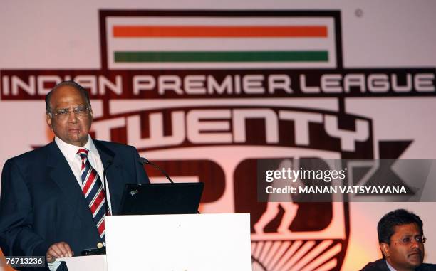 President BCCI Sharad Pawar addresses a Board of Control for Cricket in India meeting in New Delhi, 13 September 2007, as Vice-President BCCI Lalit...