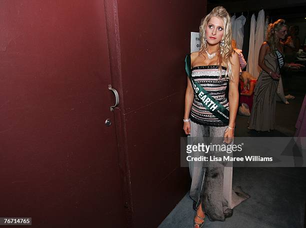 Contestant Kelly Louise Maguire prepares to go on stage during the Miss Earth Australia contest at the Enmore Theatre, September 13, 2007 in Sydney,...