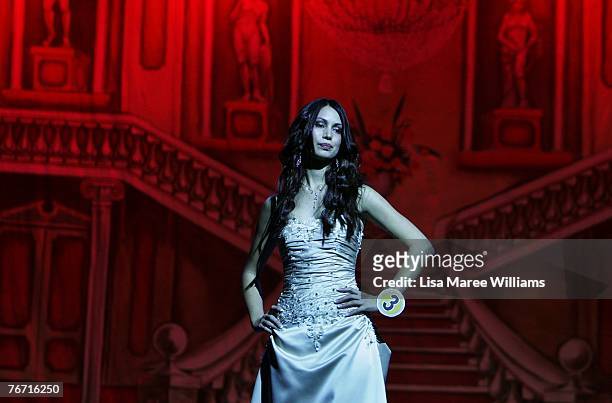 Contestant competes for the title of Miss Earth Australia at the Enmore Theatre, September 13, 2007 in Sydney, Australia. Thirty-five finalists are...
