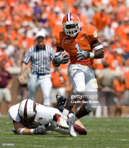 James Davis of the Clemson Tigers works to break free from Jameson Jordan of the Louisiana-Monroe Warhawks at Memorial Stadium on September 8, 2007...