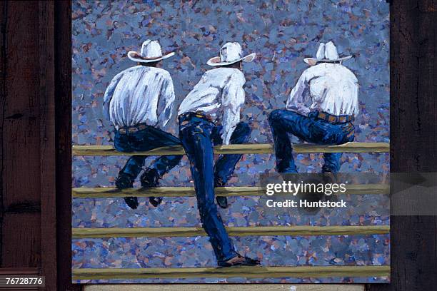 cowboys sitting on gate - vaqueros stock pictures, royalty-free photos & images