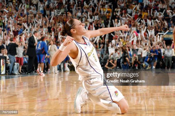 Diana Taurasi of the Phoenix Mercury reacts to winning Game Four of the WNBA Finals at the U.S. Airways Center on September 13, 2007 in Phoenix,...