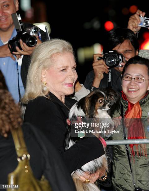 Screen legend Lauren Bacall and her dog Sophie arrive at the "The Walker" North American Premiere screening during the Toronto International Film...