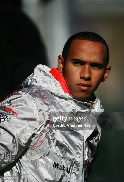 Lewis Hamilton of Great Britain and McLaren Mercedes is seen outside his team garage during practice for the Belgian Formula One Grand Prix at the...