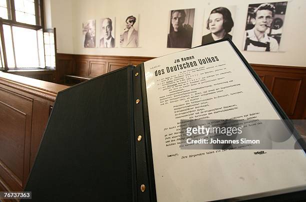 Copy of the sentences against Willi Graf, Kurt Huber, Alexander Schmorell, Hans Scholl, Sophie Scholl and Christoph Probst is displayed at the...