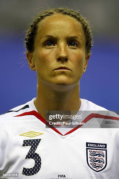 Casey Stoney of England looks on during the national anthem prior to the start of the FIFA Women's World Cup 2007 Group A match between Japan and...