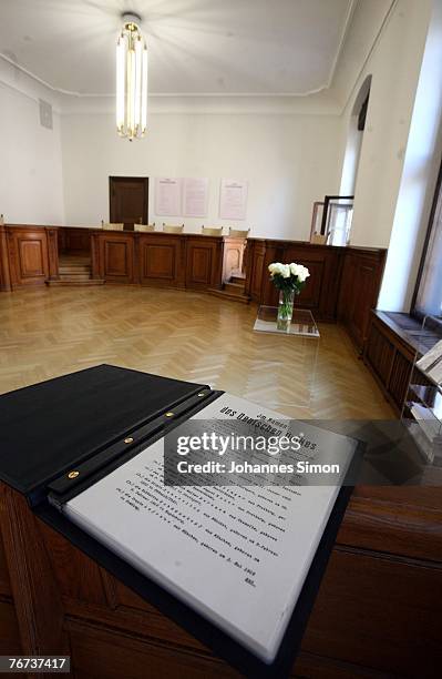 Copy of the sentences against Willi Graf, Kurt Huber, Alexander Schmorell, Hans Scholl, Sophie Scholl and Christoph Probst is displayed at the...