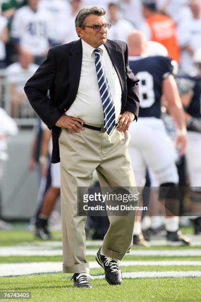 Head coach Joe Paterno of the Penn State Nittany Lions walks the field during the pregame against the University of Notre Dame Fighting Irish at...