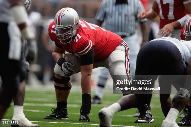 Steve Rehring of the Ohio State Buckeyes lines up for a play during the game against the Akron Zips at Ohio Stadium on September 8, 2007 in Columbus,...