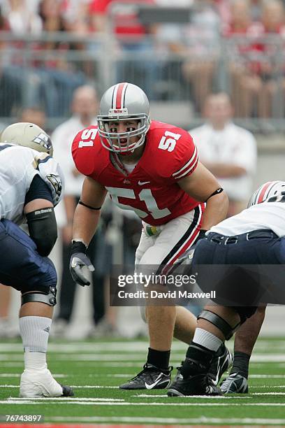 Ross Homan of the Ohio State Buckeyes awaits the snap during the game against the Akron Zips at Ohio Stadium on September 8, 2007 in Columbus, Ohio....