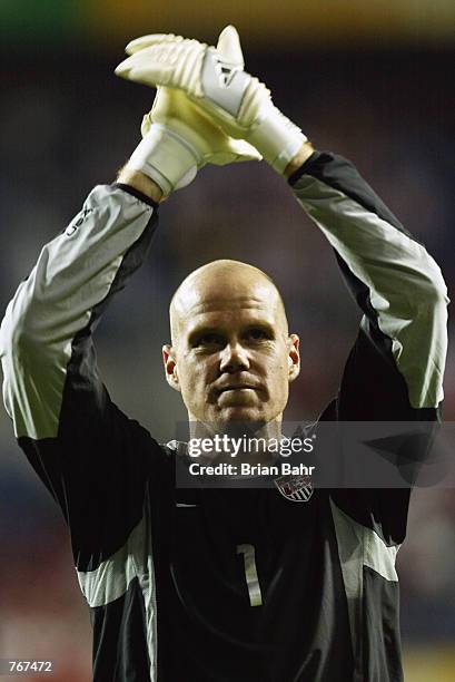 Brad Friedel of the USA celebrates qualifying for the second stage after the FIFA World Cup Finals 2002 Group D match between Poland and USA played...