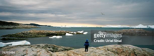Five-year-old Angut Rosbach looks on from an island, where he came with his father, Arne Lange, to hunt seals, August 26, 2007 near Ilimanaq...