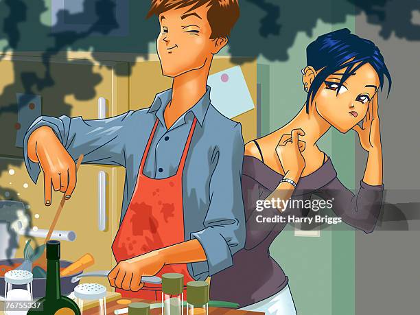 man burning food with woman watching - couple making dinner stock illustrations
