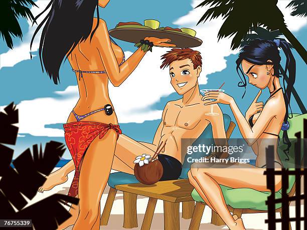 guy flirting with waitress and a woman getting jealous - angry waitress stock illustrations