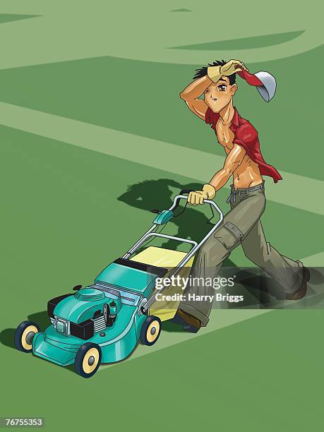 man mowing lawn - man mowing stock illustrations