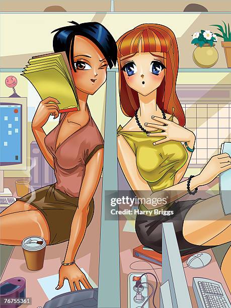 women whispering over cubicle wall - serious computer user stock illustrations