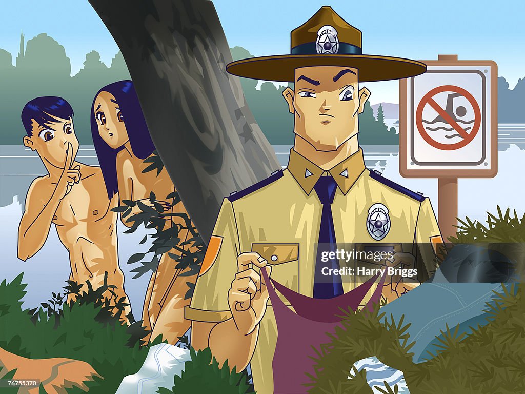 Nude couple hiding behind tree and forest ranger holding clothes