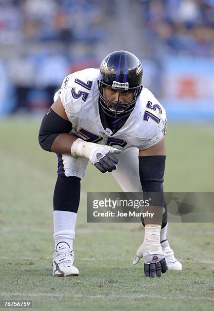 Jonathan Ogden of the Baltimore Ravens during a game between the Baltimore Ravens and Tennessee Titans at LP Field in Nashville, Tennessee on...