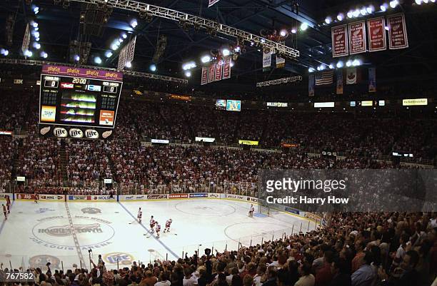 An overall view of the ice during the National Anthem before game five of the NHL Stanley Cup Finals between the Carolina Hurricanes and the Detroit...