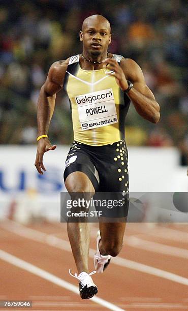 Asafa Powell of Jamaica competes before winning the men's 100m at the Golden League meeting Memorial Van Damme, in Brussels, 14 September 2007. AFP...