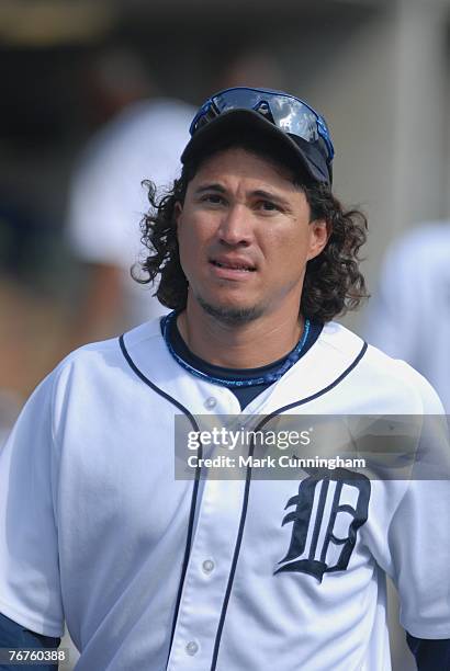 Magglio Ordonez of the Detroit Tigers looks on during the game against the Seattle Mariners at Comerica Park in Detroit, Michigan on September 9,...