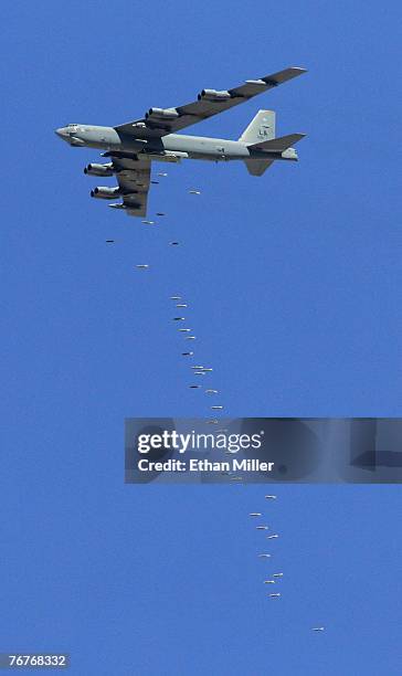 Stratofortress drops 500-pound bombs during a U. S. Air Force firepower demonstration at the Nevada Test and Training Range September 14, 2007 near...