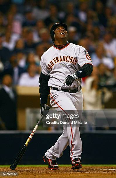 Barry Bonds of the San Francisco Giants reacts to a pop fly against the San Diego Padres during the 6th inning of their MLB Game on September 14,...