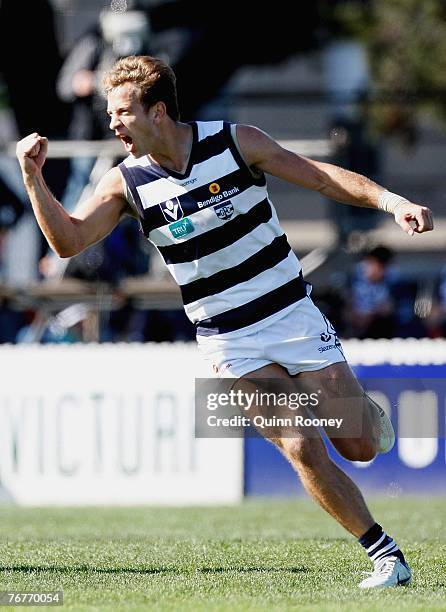 Charlie Gardiner of Geelong celebrates a goal during the VFL 1st preliminary final match between Geelong and North Ballarat at TEAC Oval on September...
