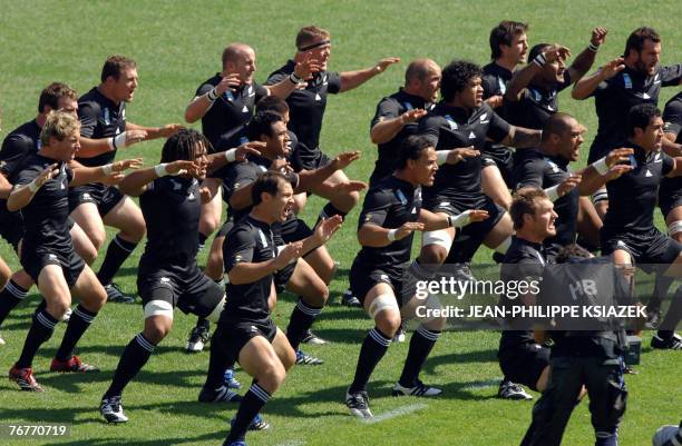 New Zealand rugby union players perform the traditional Haka prior the rugby union World Cup group C match New-Zealand vs. Portugal, 15 Septembre...