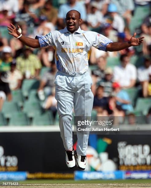 Sanath Jayasuriya of Sri Lanka unsucsesfully appeals for a wicket against New Zealand at The Wanderers Cricket Ground during The ICC World Twenty20...